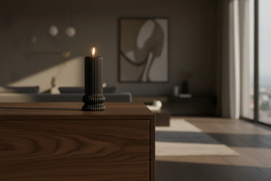 Schwarze handgemachte Kerze brennt auf Holzmöbel in modernem, gemütlichem Wohnzimmer