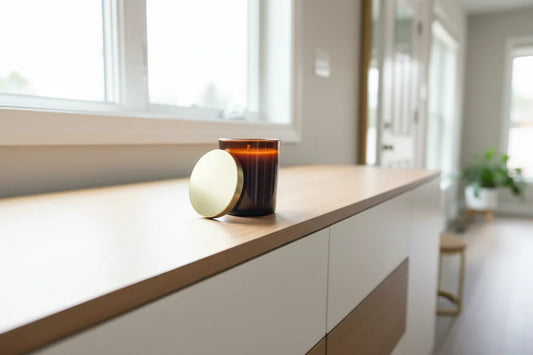 Handgemachte Duftkerze im Glas mit goldenem Deckel auf moderner Kommode im hellen Wohnzimmer