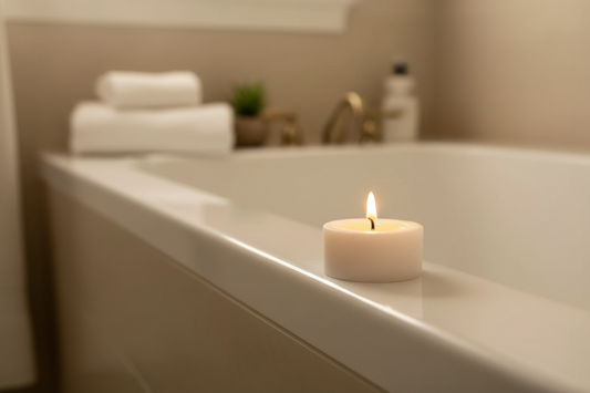 Brennende handgemachte Kerze am Rand einer Badewanne für entspannte Atmosphäre