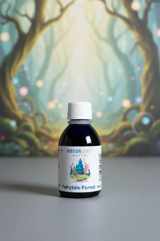 HANSAWAX Duftöl Flasche Fairytale Forest auf grauem Tisch, mystischer Wald im Hintergrund
