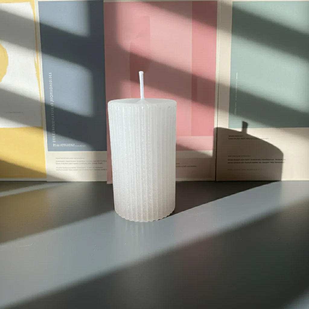 Weiße, handgemachte Kerze mit Rillenstruktur auf einem Tisch im Sonnenlicht, minimalistisch