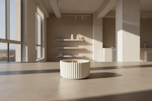 Handgemachte Duftkerze mit Holzdocht in gerippter Schale auf Tisch in hellem Wohnzimmer