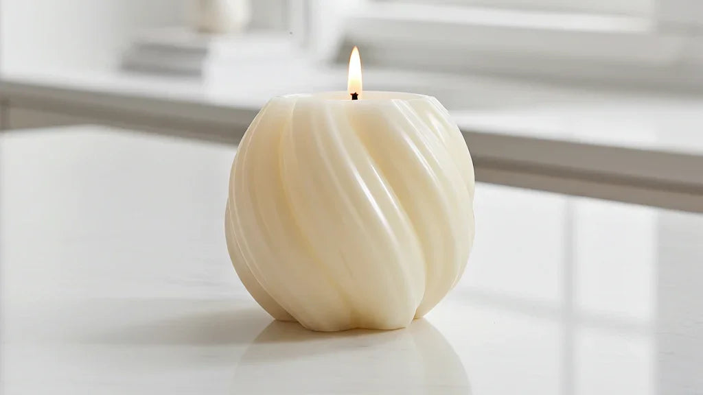 Weiße, handgemachte Kerze mit Spiraldesign brennt auf hellem Tisch, stimmungsvolles Licht