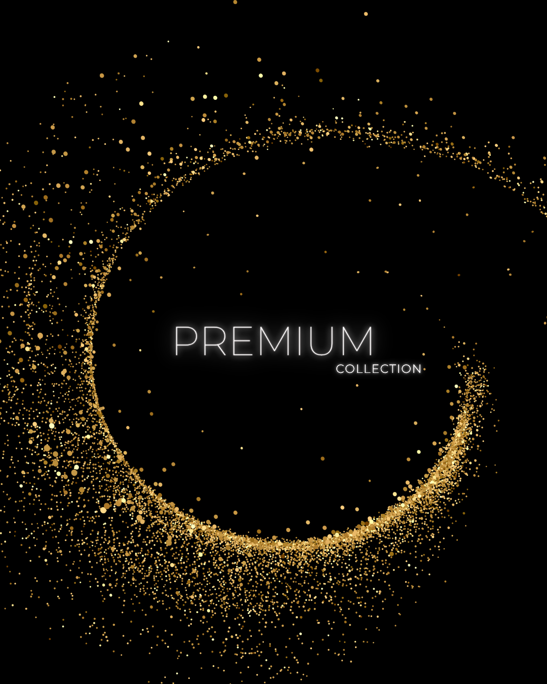 Goldener Glitzer-Kreis auf schwarzem Hintergrund mit Schriftzug 'Premium Collection', luxuriöses Kerzen-Design.