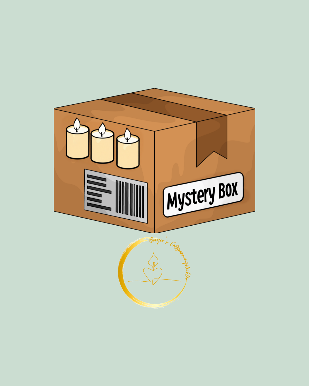Illustration einer Mystery Box mit handgemachten Kerzen auf einer schlichten Oberfläche