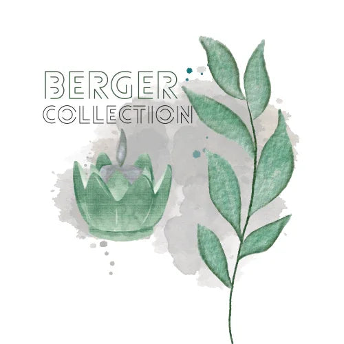 Illustration einer grünen Kerze in Blattform und einem Blatt, mit Wasserfarbenstil und Text ‚Berger Collection‘.