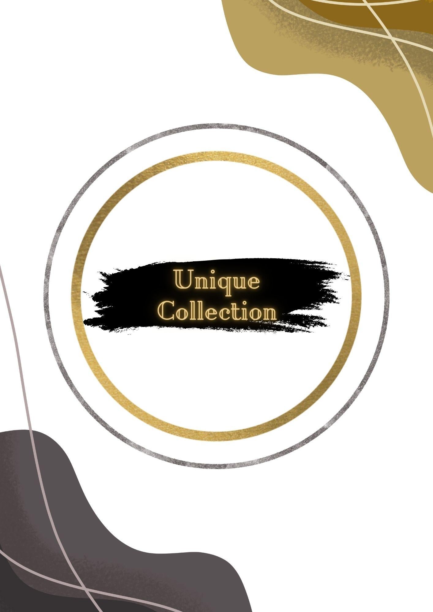 Abstraktes Design mit goldenen und schwarzen Elementen, Schriftzug Unique Collection