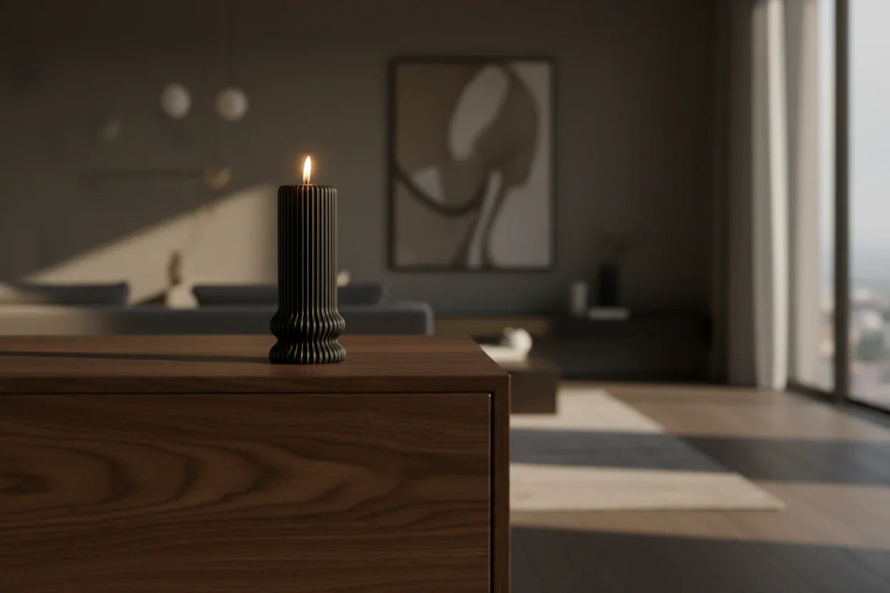 Schwarze handgemachte Kerze brennt auf Holzmöbel in modernem, gemütlichem Wohnzimmer