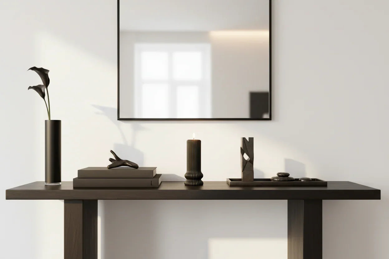 Moderne Einrichtung mit brennender, handgemachter Kerze auf dunklem Tisch vor Wandspiegel