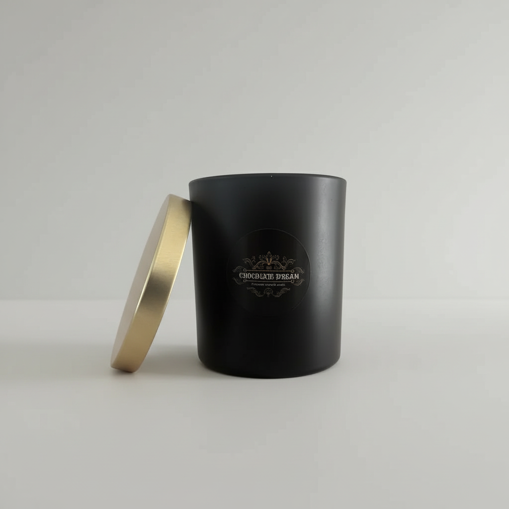 Schwarze Duftkerze mit goldenem Deckel, minimalistisch, handgemacht, für Zuhause