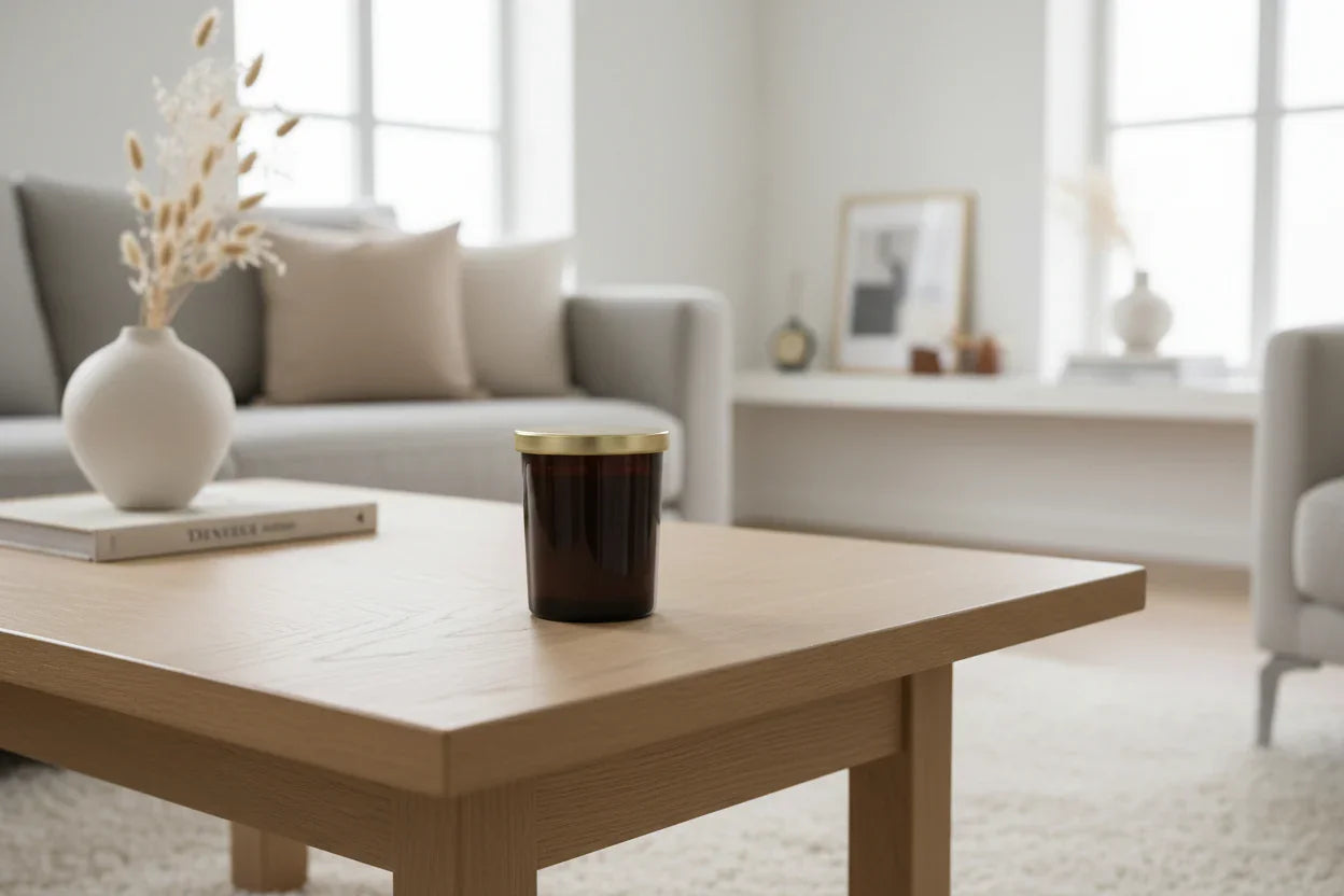 Handgemachte Kerze im Glas mit goldenem Deckel auf modernem Holztisch im hellen Wohnzimmer