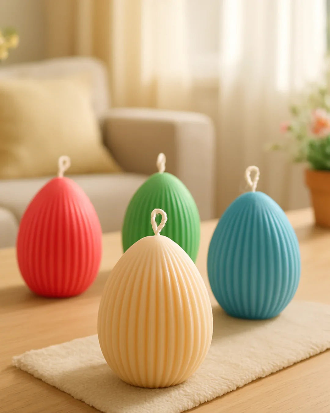 Vier handgemachte, bunte Kerzen in Eierform auf Holztisch im Wohnzimmer