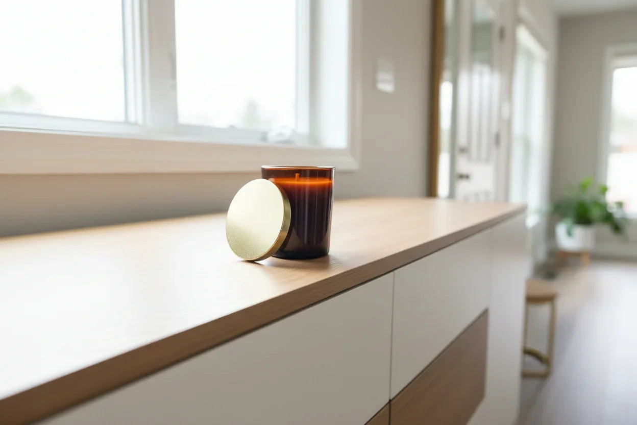 Handgemachte Duftkerze im Glas mit goldenem Deckel auf moderner Kommode im hellen Wohnzimmer