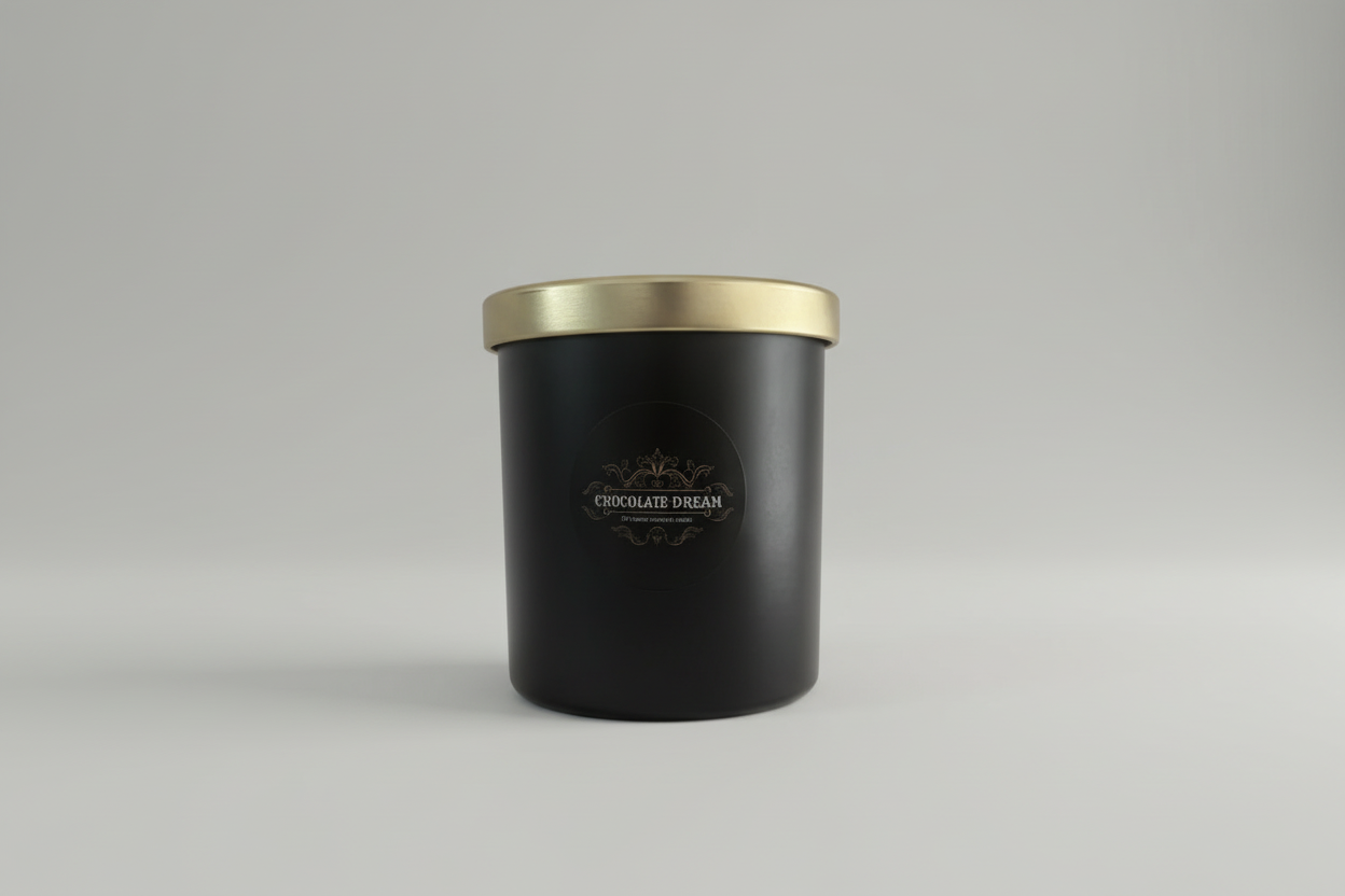 Schwarze Duftkerze im Glas mit goldenem Deckel und Aufschrift Chocolate Dream, minimalistisch.