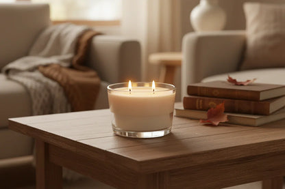 Handgemachte Kerze im Glas mit zwei Flammen auf Holztisch, gemütliches Wohnzimmer, Bücher, Herbstblatt