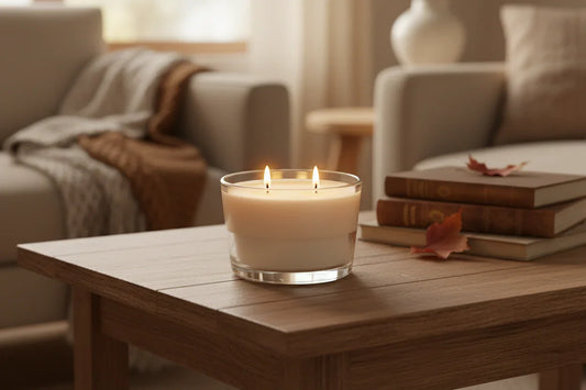 Handgemachte Kerze im Glas mit zwei Flammen auf Holztisch, gemütliches Wohnzimmer, Bücher, Herbstblatt