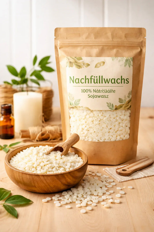 Nachfüllwachs aus Sojawachs in braunem Beutel und Holzschale, nachhaltig, für Kerzenherstellung