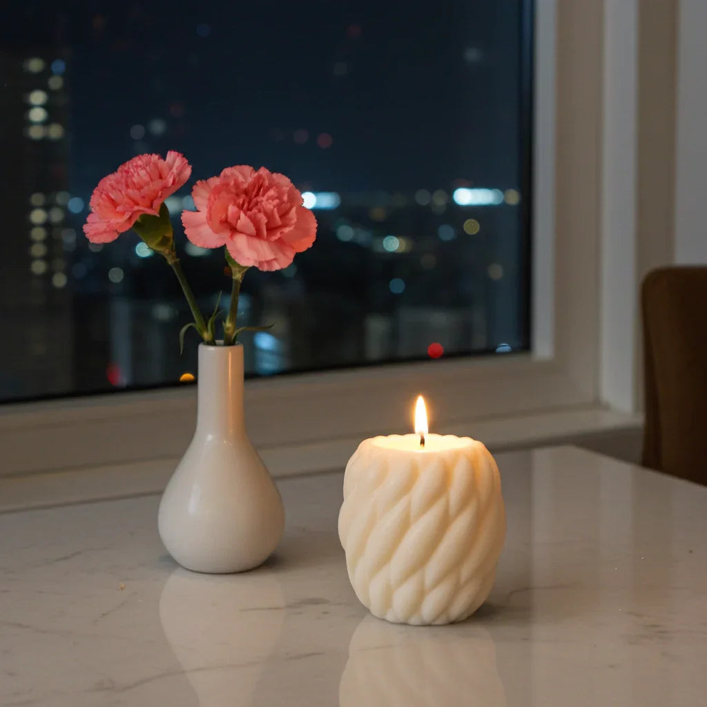 Handgemachte Kerze brennt auf Tisch neben Vase mit rosa Nelken, stimmungsvolles Licht am Fenster