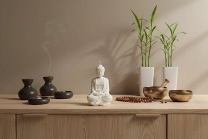 Handgemachte Buddha-Kerze auf Holz, umgeben von Teelichtern, Räucherstäbchen, Bambus und Klangschalen