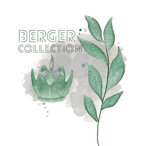 Aquarell Kerze in Blattform und grüner Zweig mit Text 'Berger Collection', entspannende Stimmung.