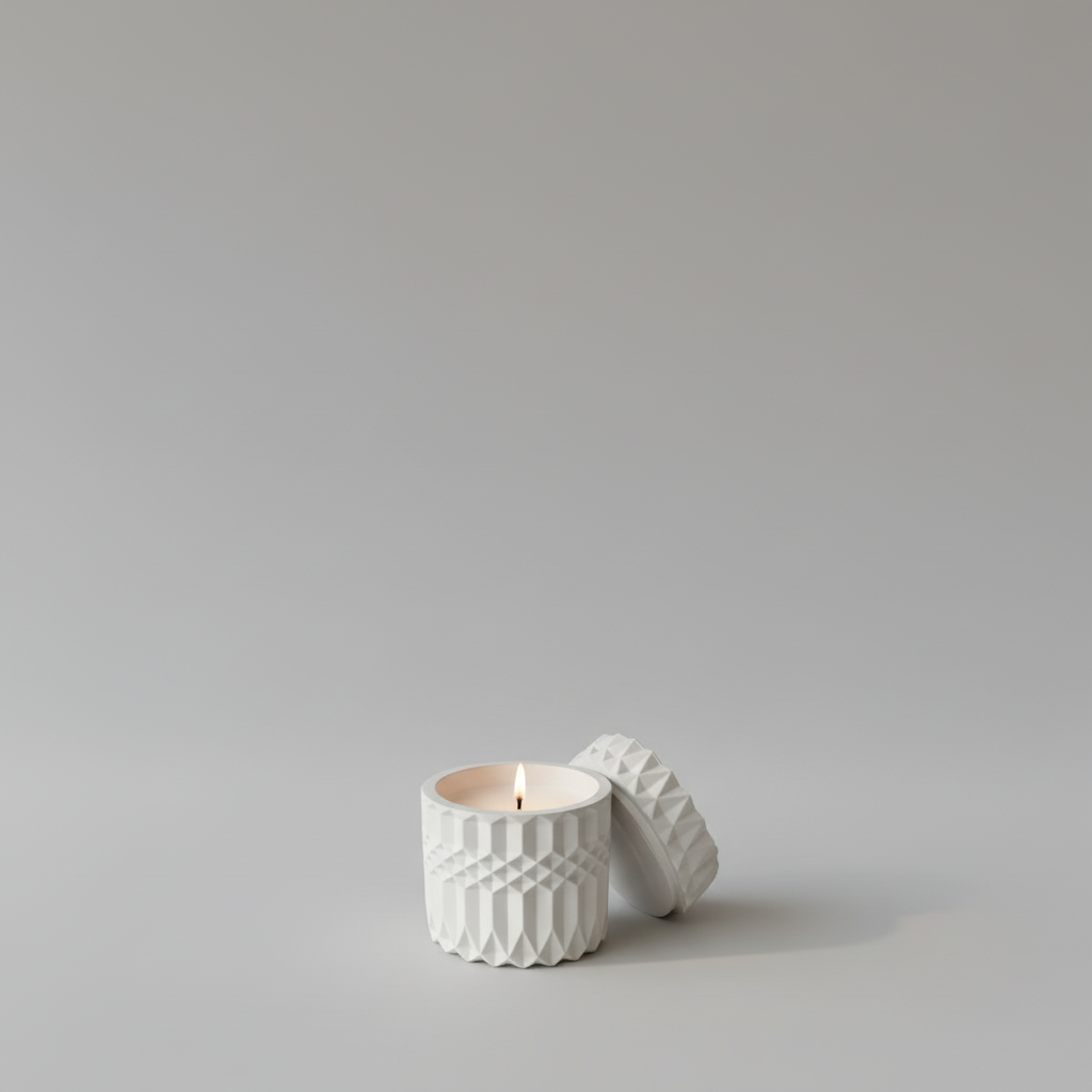 Handgemachte Kerze in weißem, strukturiertem Behälter mit Deckel, minimalistisch aufgestellt
