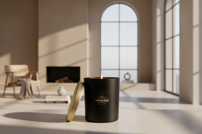 Handgemachte schwarze Duftkerze mit goldenem Deckel in heller, moderner Wohnzimmer-Atmosphäre