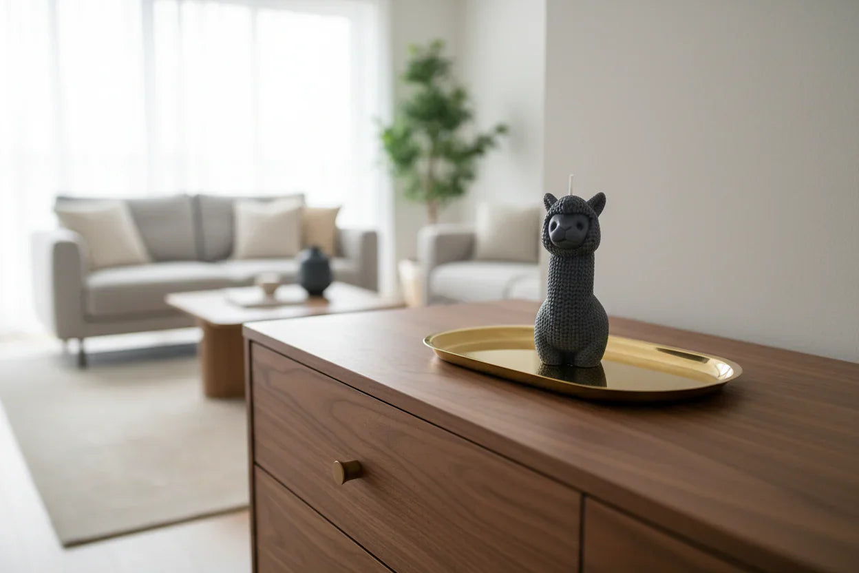 Handgemachte Alpaka-Kerze auf goldenem Tablett, modernes Wohnzimmer, natürliche Dekoration