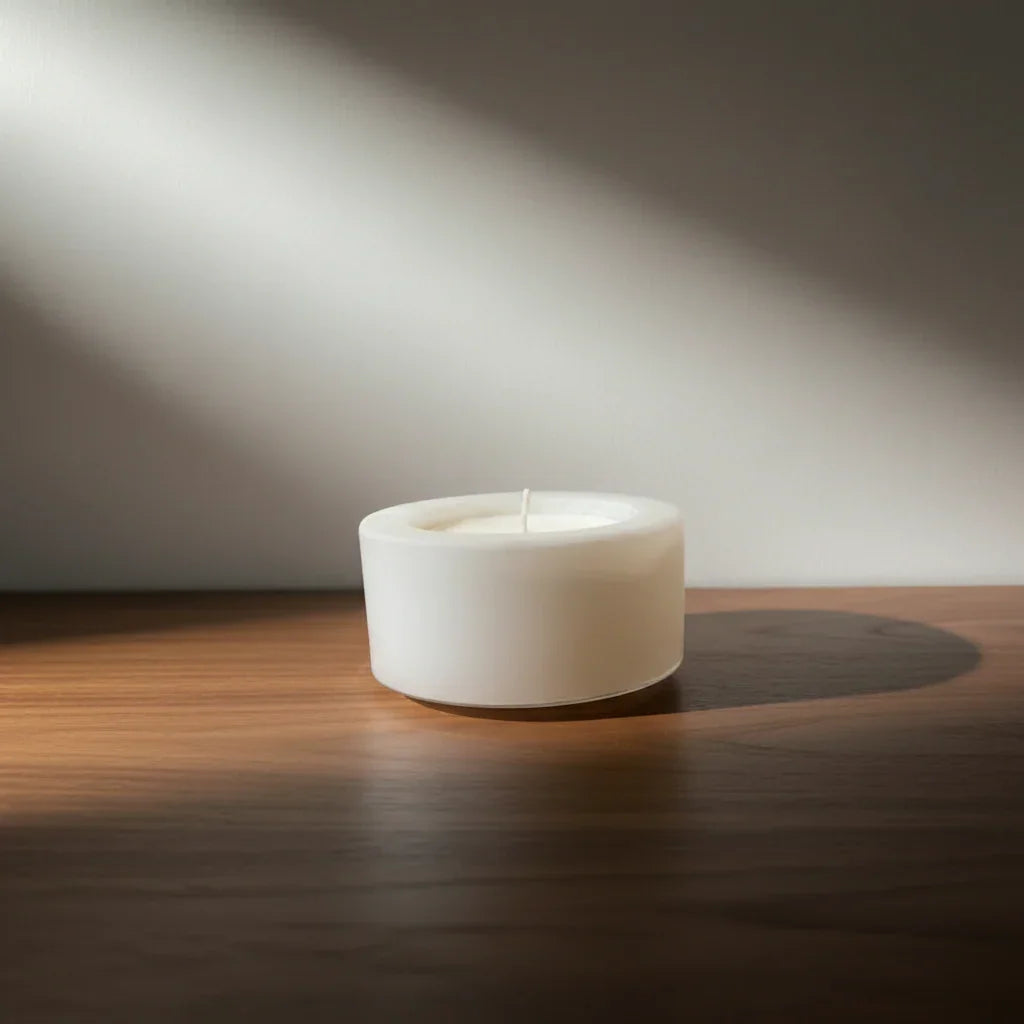 Handgemachte weiße Kerze auf Holzoberfläche im Sonnenlicht, minimalistische Deko
