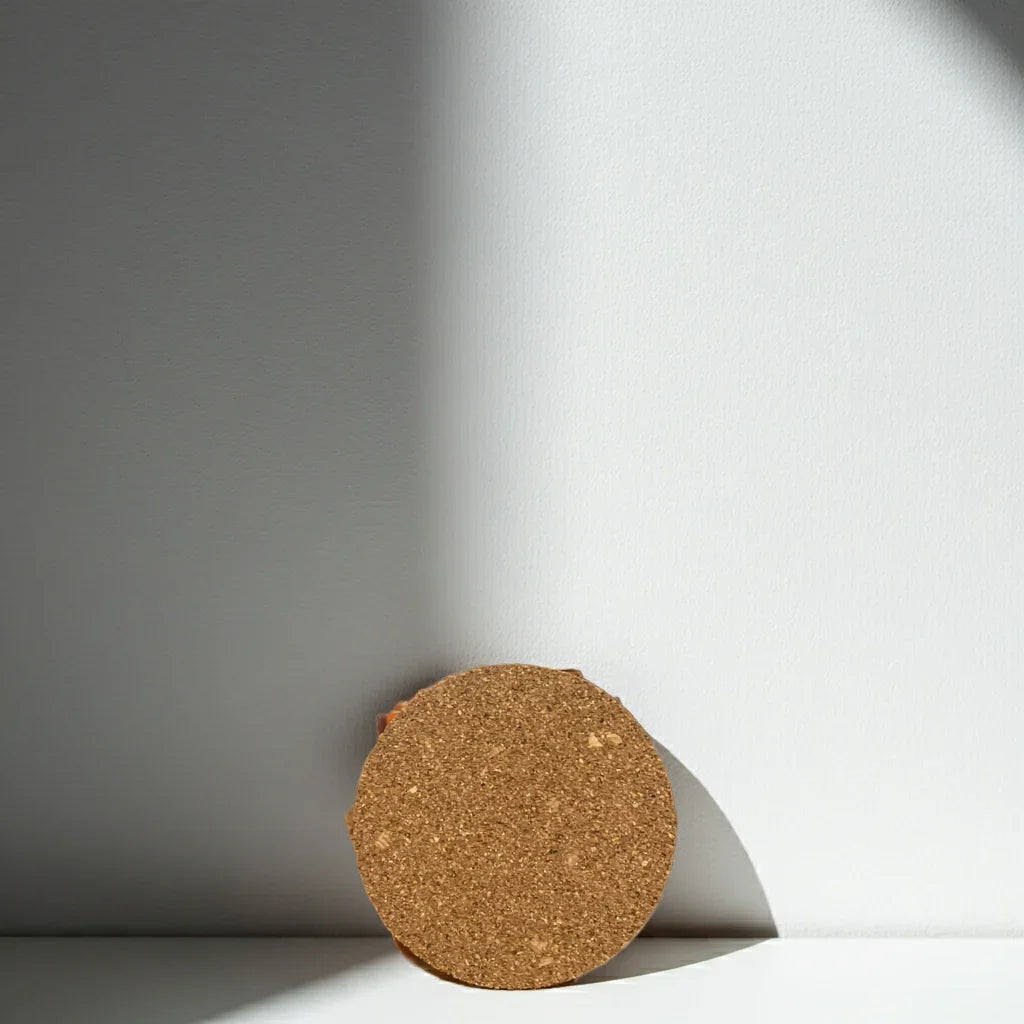 Runde Kerze mit Korkdeckel, handgemacht, auf hellem Hintergrund
