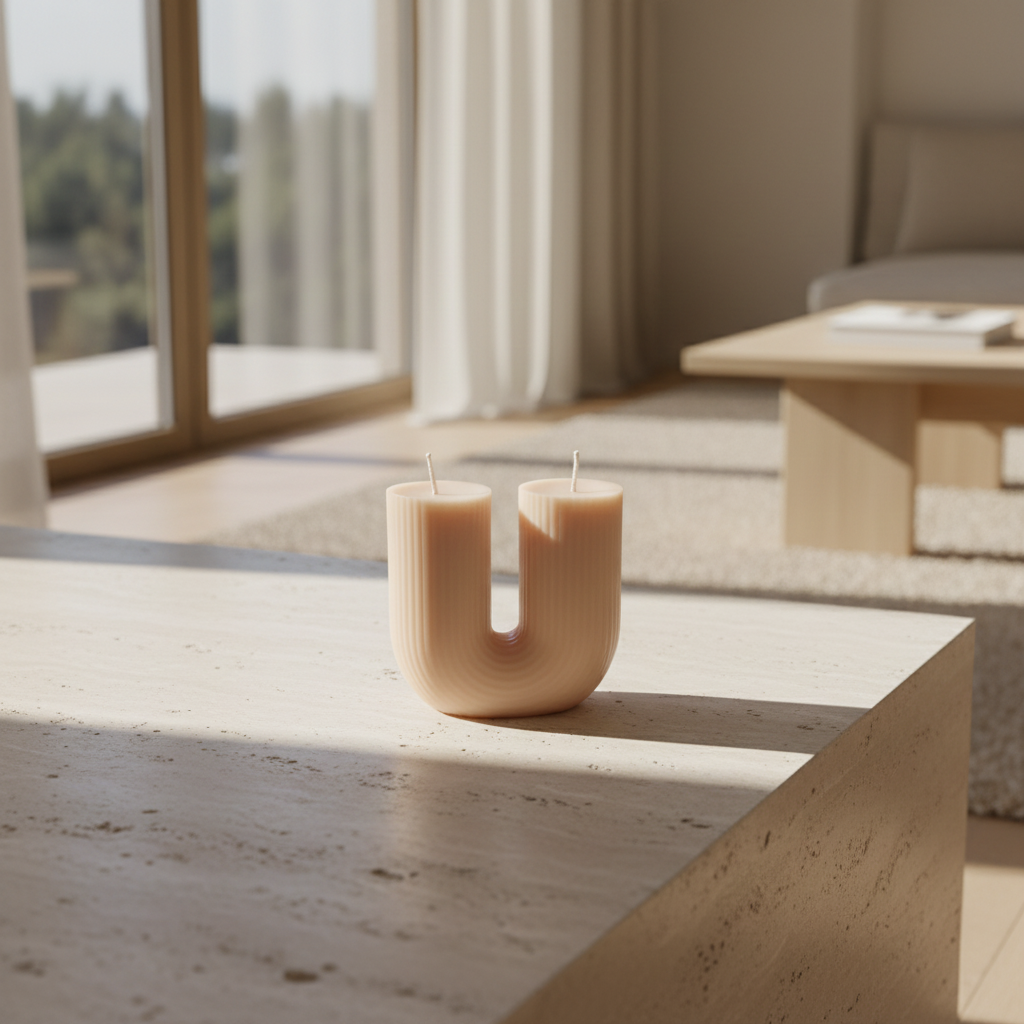 Handgemachte Kerze in U-Form, cremefarben, minimalistisch, stimmungsvolles Licht