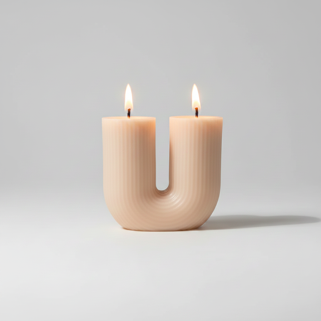 Handgemachte Kerze in U-Form, cremefarben, minimalistisch, stimmungsvolles Licht