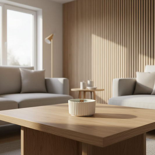 Handgemachte Kerze in weißem Gefäß auf Holztisch in modernem, hellen Wohnzimmer