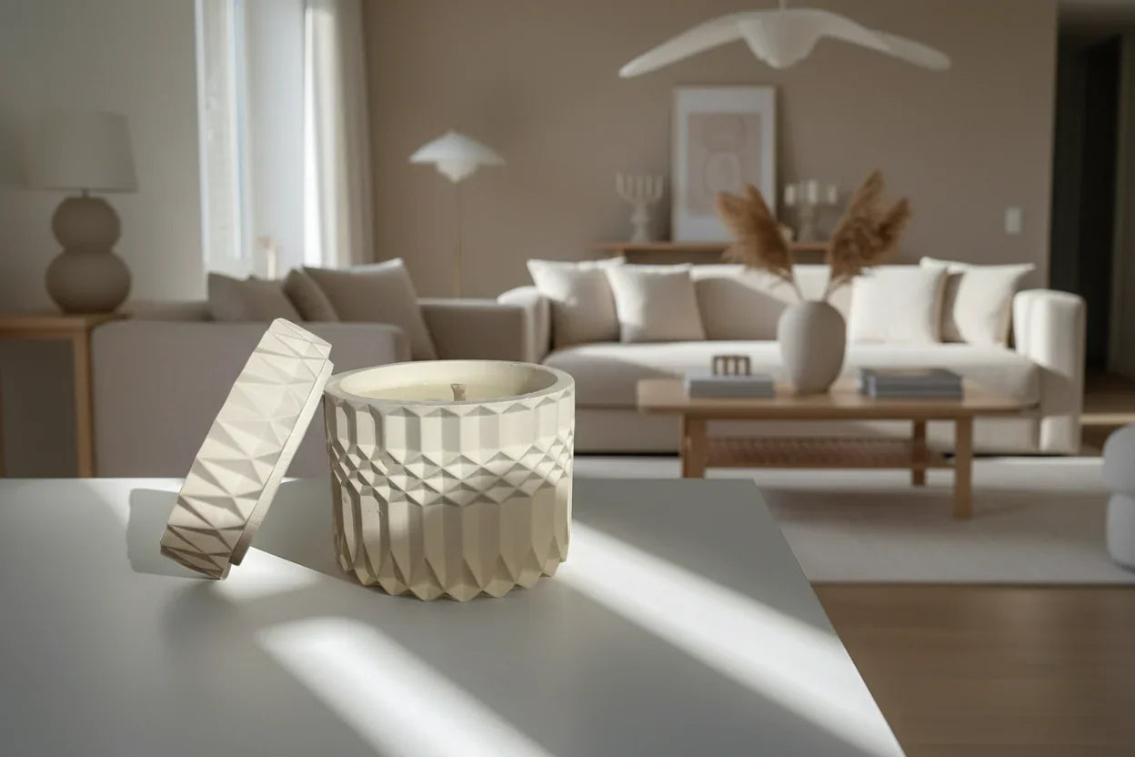 Handgemachte Kerze im modernen Glasgefäß, dekorativ auf Tisch in hellem Wohnzimmer