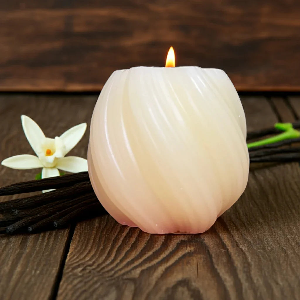 Handgemachte Duftkerze aus Wachs mit Vanilleschote und Blüte auf Holzuntergrund