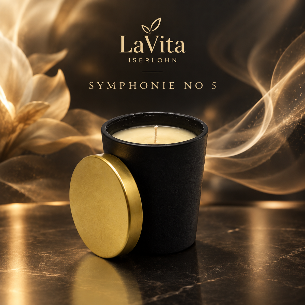 Bergers Premium Kerzen Symphony N°5 Sojawachs-Duftkerze im schwarzen Glas mit goldenem Deckel