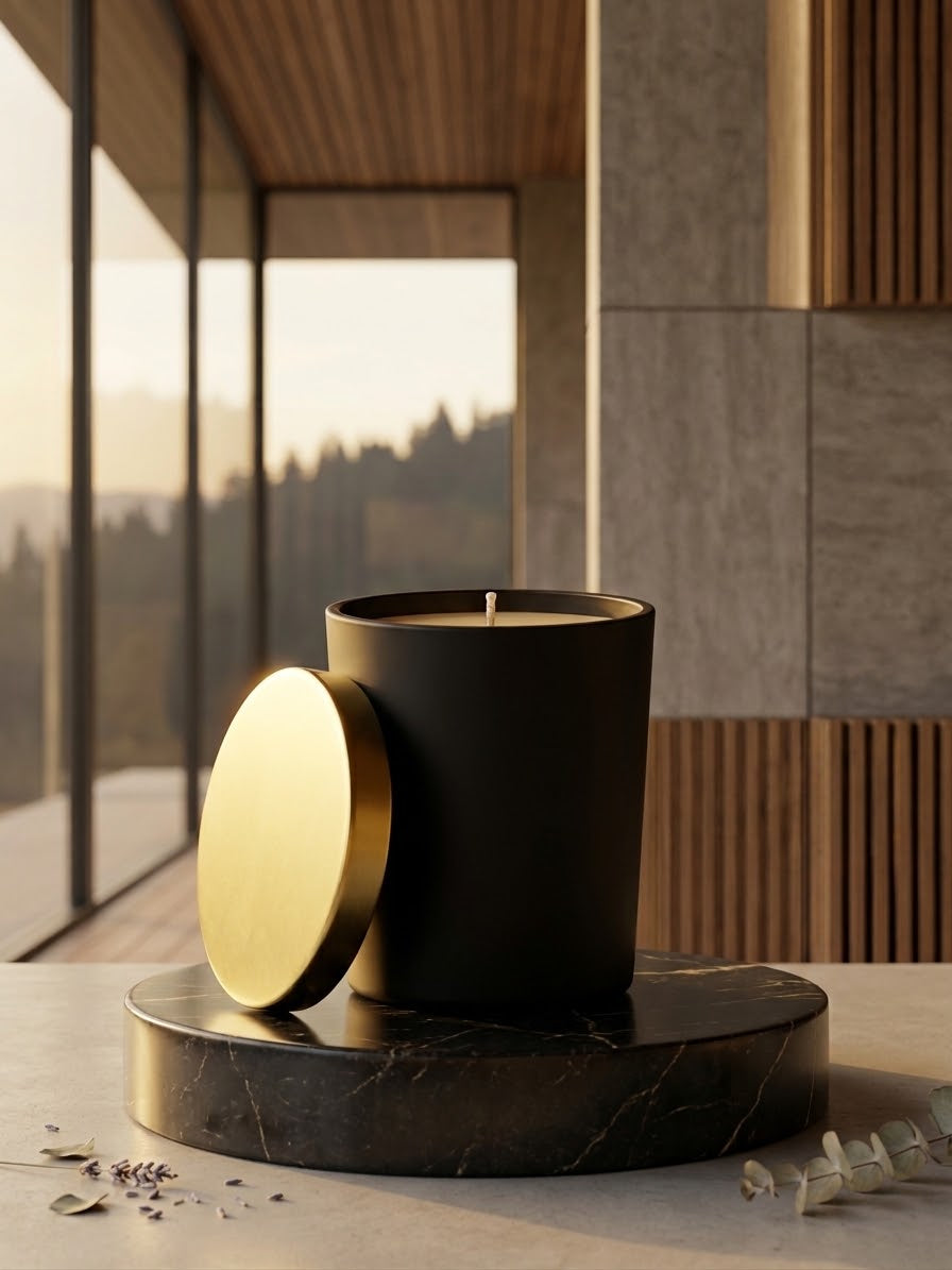 Bergers Premium Kerzen Symphony N°5: Schwarze Duftkerze mit goldenem Deckel auf Marmorplateau