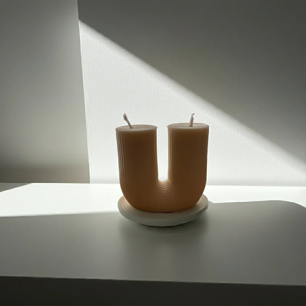 Handgemachte Kerze in U-Form auf weißer Unterlage, modernes Design, entspannendes Licht
