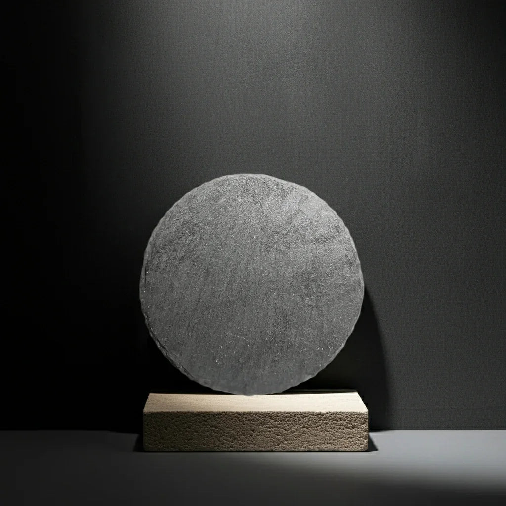 Runde, graue Kerze auf Steinsockel vor dunklem Hintergrund, handgemacht und dekorativ